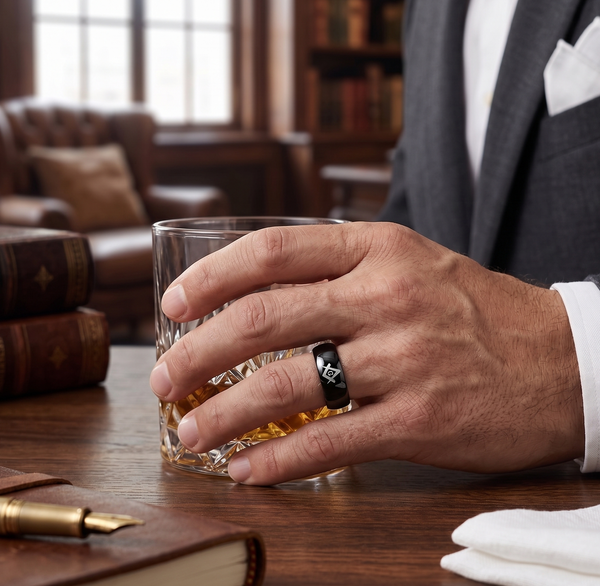 Men's 8mm Black Tungsten Carbide Masonic Ring | laser Etched Square & Compasses Domed Wedding Band | Comfort Fit