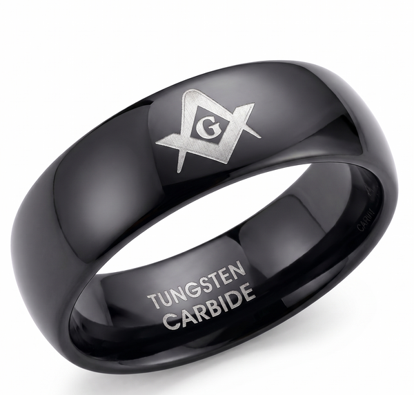 Men's 8mm Black Tungsten Carbide Masonic Ring | laser Etched Square & Compasses Domed Wedding Band | Comfort Fit