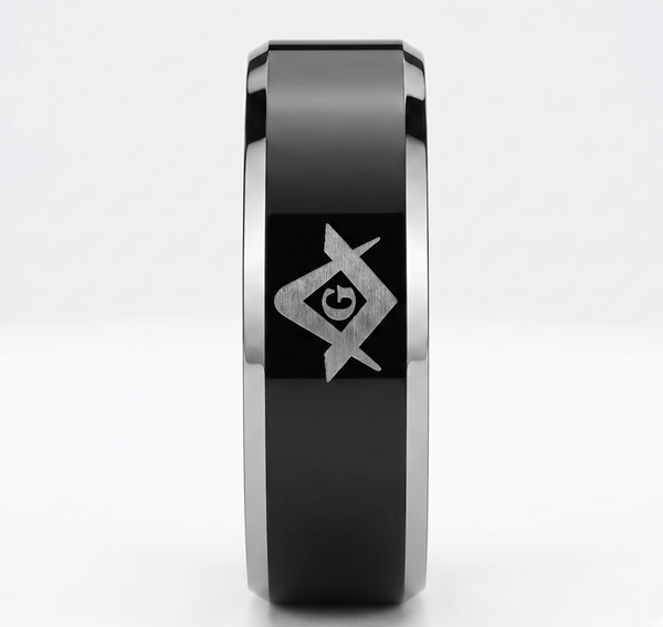 Schwarz ionenplattiert Wolfram Freimaurer Herren Freimaurer Ring mit abgeschrägter Kante