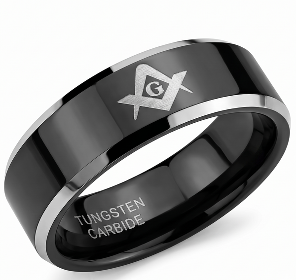 Schwarz ionenplattiert Wolfram Freimaurer Herren Freimaurer Ring mit abgeschrägter Kante
