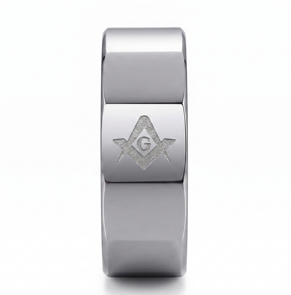 Master Mason 8mm Silver Tungsten Ring – Faceted Freemason Anniversary Band – The Perfect Gift for Him
