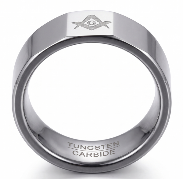 Master Mason 8mm Silver Tungsten Ring – Faceted Freemason Anniversary Band – The Perfect Gift for Him