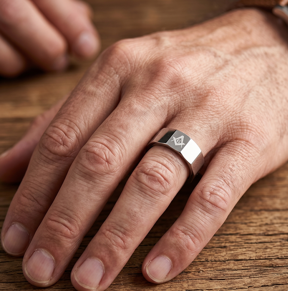 Master Mason 8mm Silver Tungsten Ring – Faceted Freemason Anniversary Band – The Perfect Gift for Him
