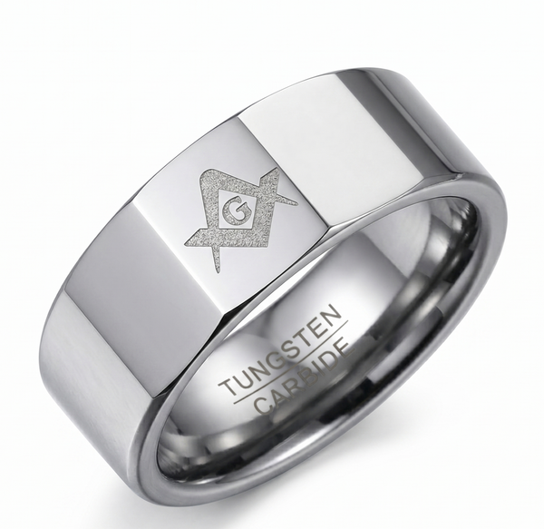 Master Mason 8mm Silver Tungsten Ring – Faceted Freemason Anniversary Band – The Perfect Gift for Him