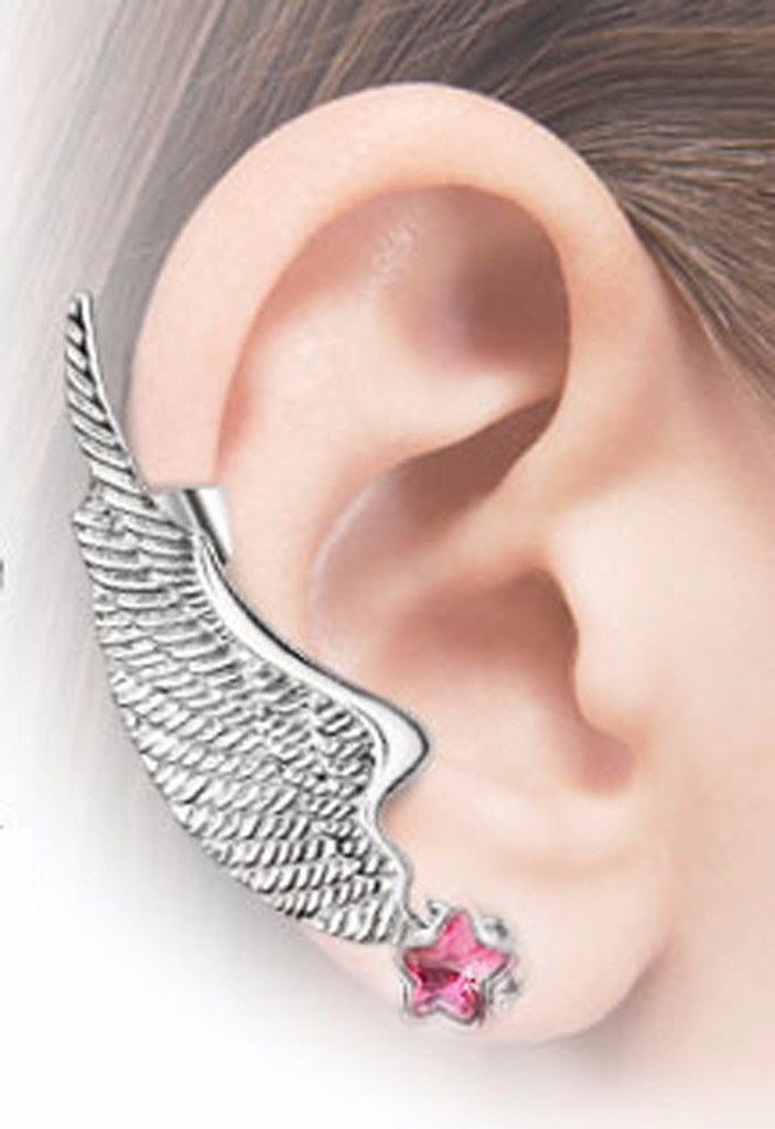 Angel Wing Ear Cuff with Pink Star CZ Stud Stainless Steel Earring- left only