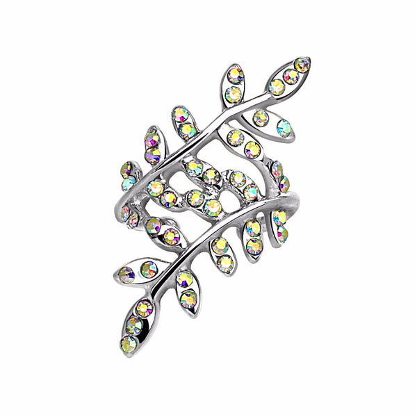 Multi Paved Aurora Borealis Crystals Leaflet Non Piercing Rhodium Plated Ear Cuff - LA NY Jewelry