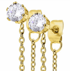 Pair of Chain Drops Prong Set Clear CZ Gold IP Stainless Steel Ear Stud Rings - LA NY Jewelry