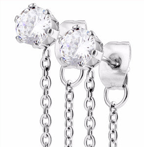 Pair of Chain Drops Prong Set Clear CZ 316 Stainless Steel Ear Stud Rings - LA NY Jewelry