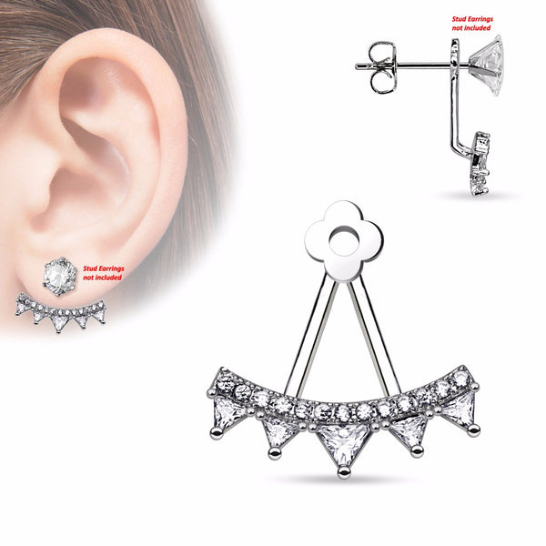 Pair of Lined CZ Fan with Triangle Czs Add On Earring/Cartilage Barbell Jackets - LA NY Jewelry