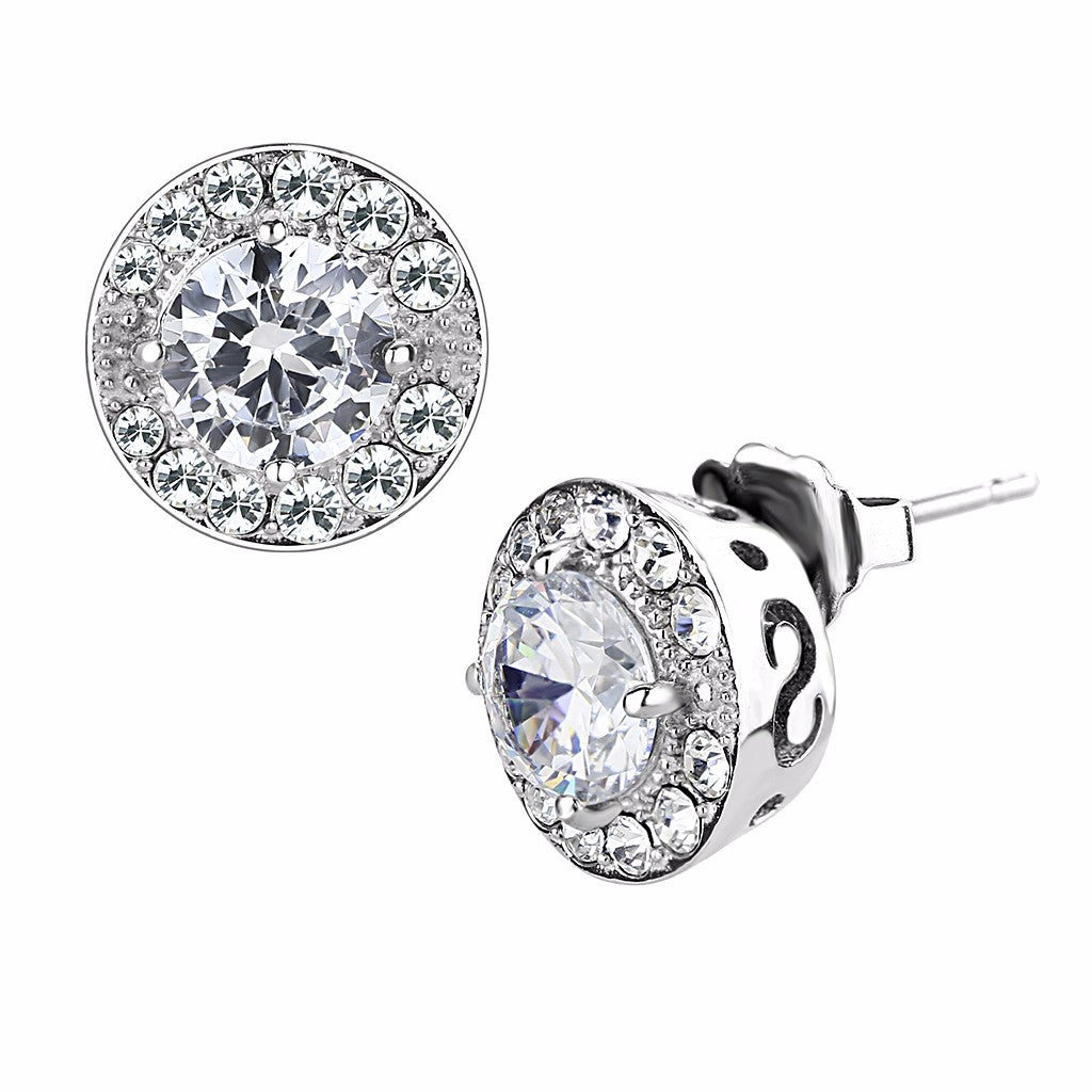 6x6mm Round Clear CZ center surrounded by Top Grade Crystal Stainless Steel Earrings - LA NY Jewelry