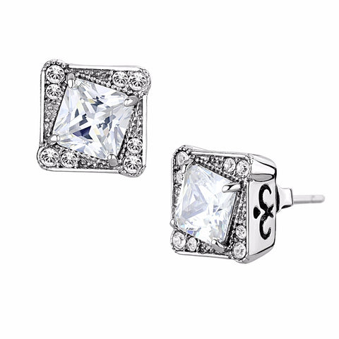 6x6mm Princess Cut Clear CZ center surrounded by Top Grade Crystal Stainless Steel Earrings - LA NY Jewelry