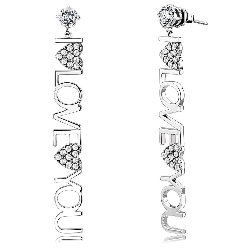 Round CZ Stud with I Love You letter link with two hearts womens stainless steel dangle earrings