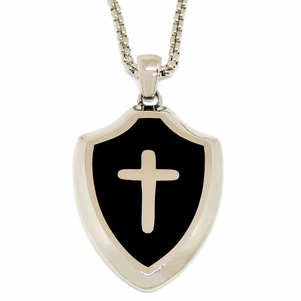 Mens Templar Knights 316 Stainless Steel Heavy Cross Shield Pendant 20" Necklace - LA NY Jewelry