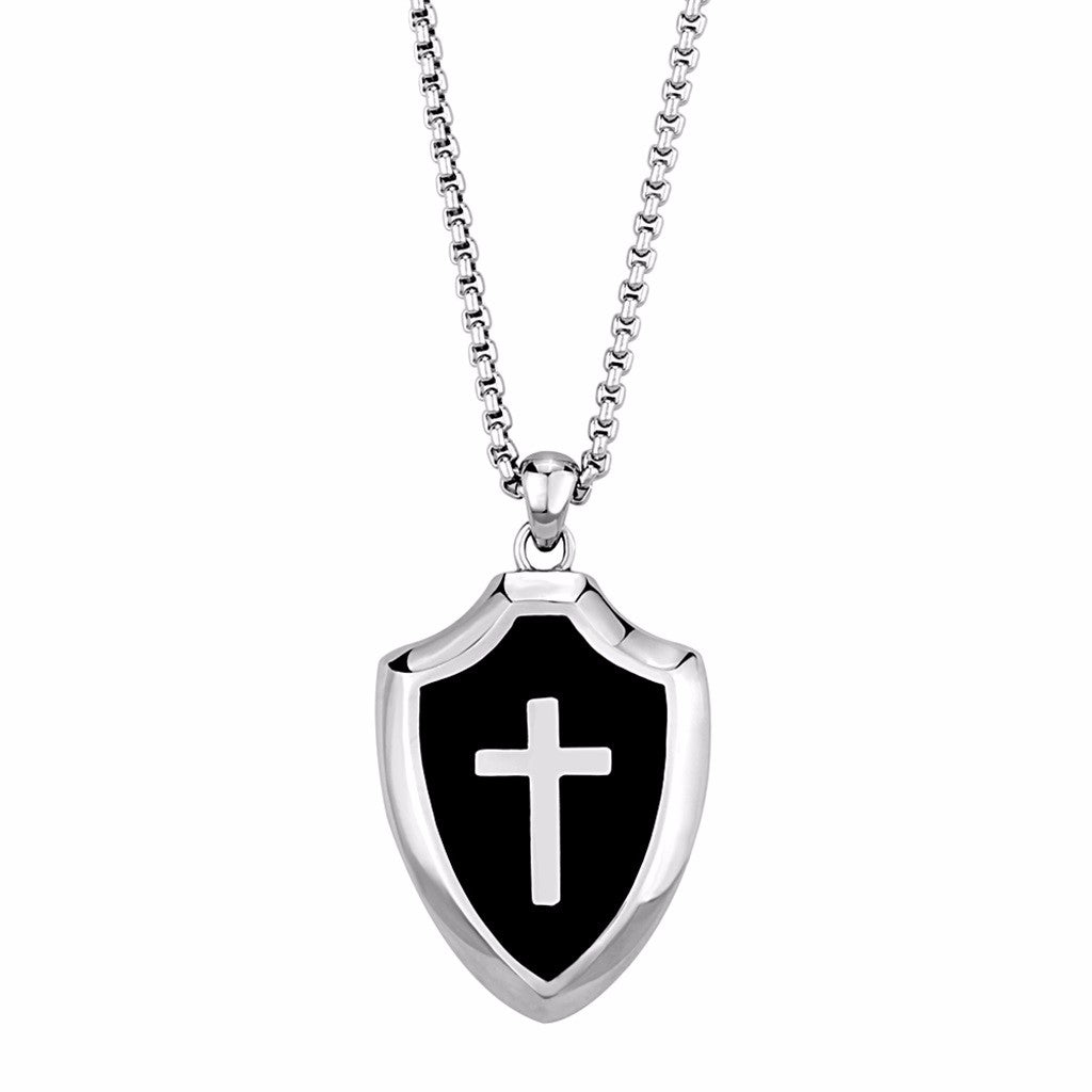 Mens Templar Knights 316 Stainless Steel Heavy Cross Shield Pendant 20" Necklace - LA NY Jewelry