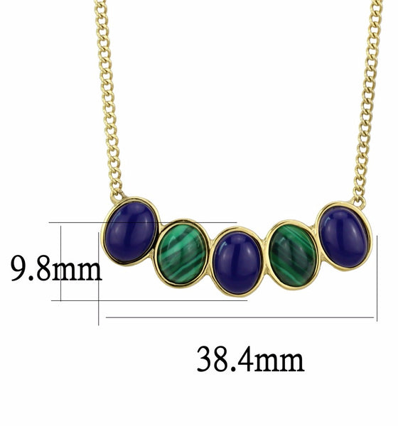 5 Link Lapis Stones Stainless Steel IP Gold Womens Pendant Necklace - LA NY Jewelry