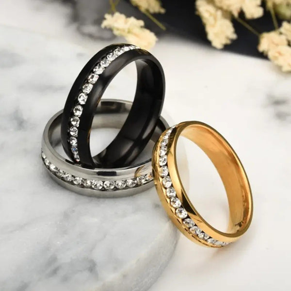 Mens Womens All Around CZ Eternity Ring Silver Gold Black Plated Stainless Steel Wedding Ring Band