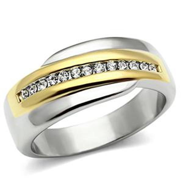 Two Tone Gold Clear CZ Womens Stainless Steel Wedding Band - LA NY Jewelry