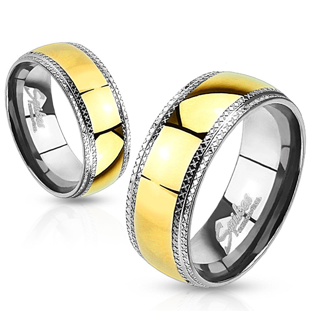 Men's Gold Ion Plated Center Stainless Steel Wedding Band with Etched Edges