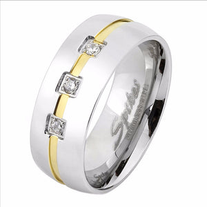 Three Round CZs with Gold IP Line Center Men's Stainless Steel Ring