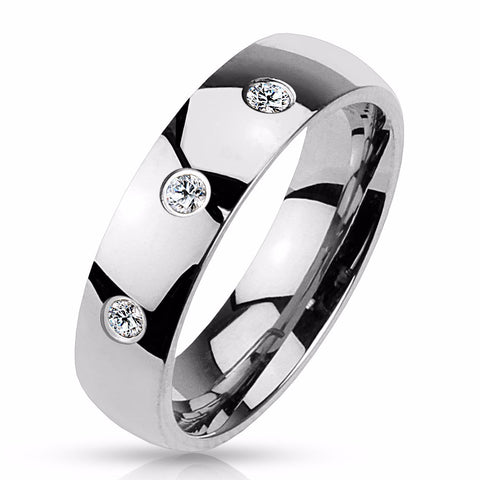 Three Round CZ Set Classic Dome 316L Stainless Steel Men's Band Ring