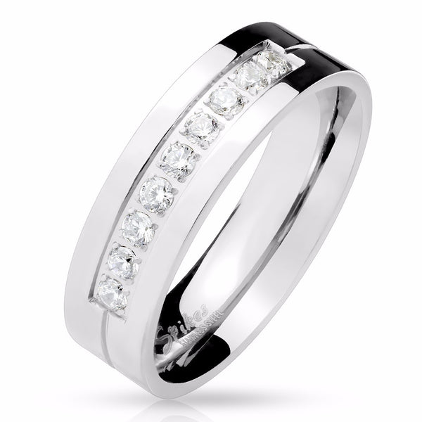 His Hers 3 PCS Stainless Steel 3-Stone CZ Wedding Ring Set Mens 9 Round CZ Band - LA NY Jewelry