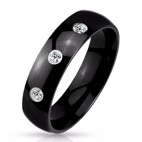 4 PCS Couple Black IP Stainless Steel 6x6mm Round Cut CZ Engagement Ring Set Mens 3 CZ Band