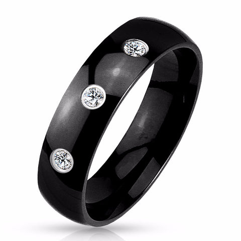 Three CZs Set Classic Dome Black IP 316L Stainless Steel Mens Band Ring
