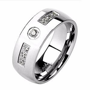 Six CZs Inlay with Center CZ Stainless Steel Mens Band Ring