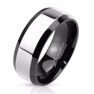 Glossy Center with Beveled Edge Two Tone Stainless Steel Men's Band Ring