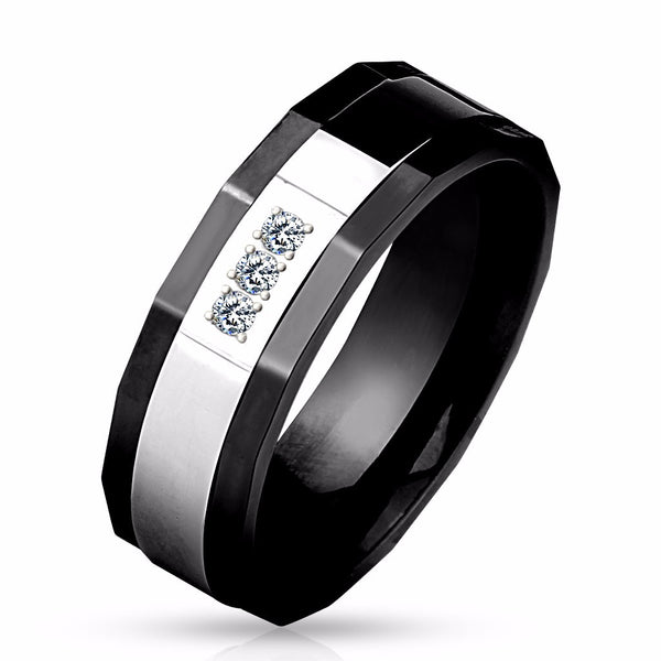 Couples Ring Set Womens Black Anniversary Ring Mens 3 CZ Two Tone Wedding Band - LA NY Jewelry
