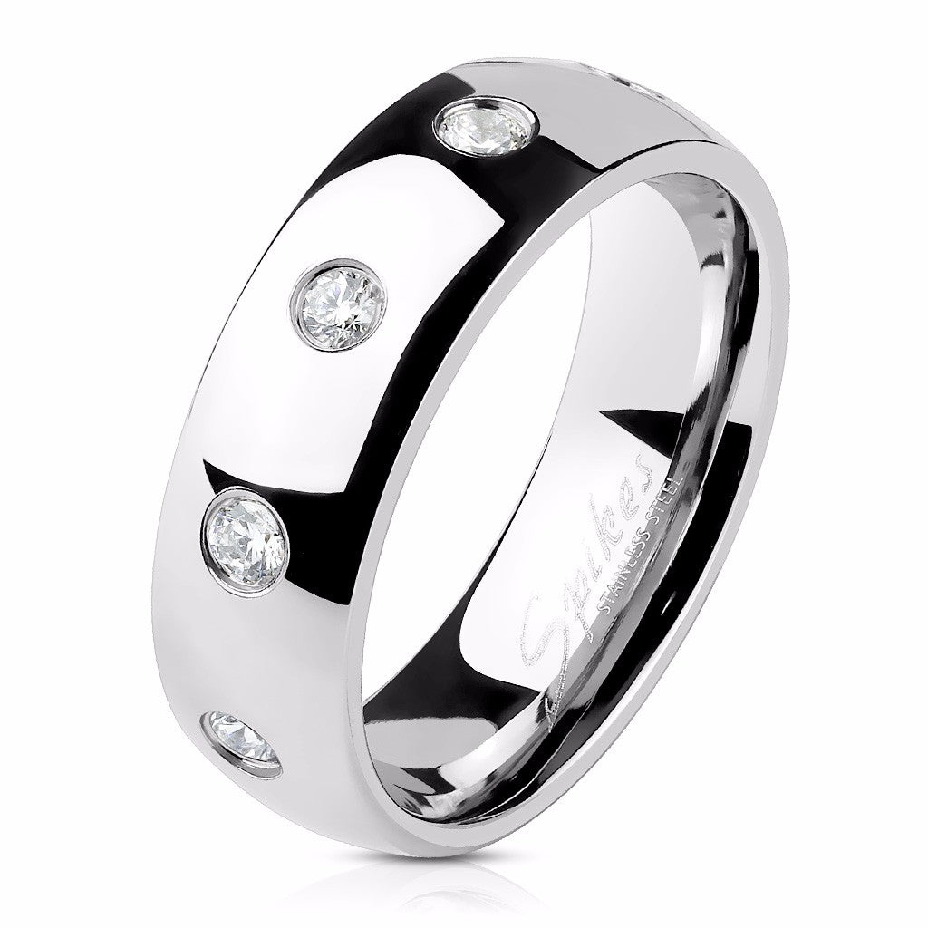 Ten CZ Flush Set 316 Stainless Steel Classic Men's Dome Band Ring