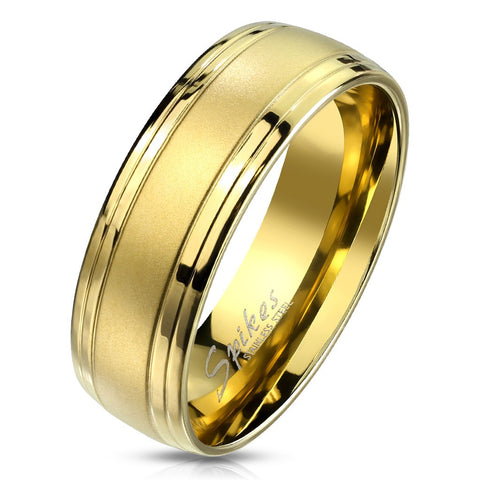 Gold IP Brushed Center and Double Grooved Lines Men's Stainless Steel Ring