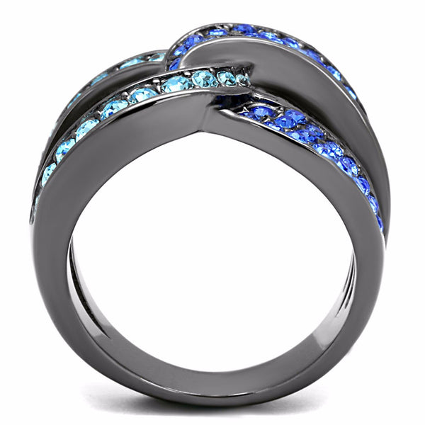 Sky Blue and Admiral Blue CZs set in IP Light Black Stainless Steel Band - LA NY Jewelry
