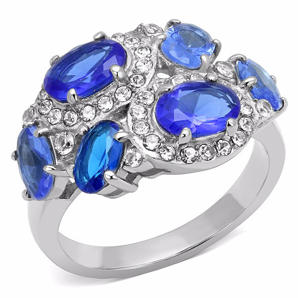 6 Royal Blue Oval CZs Scattered on Stainless Steel Band Ring - LA NY Jewelry