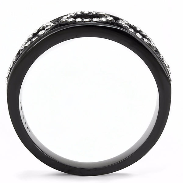 Clear CZ on 3 Link Circles Set in Black IP Stainless Steel Band Ring - LA NY Jewelry