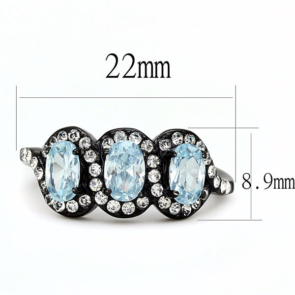 3 Sky Blue Oval CZs with Clear CZs set in Black IP Stainless Steel Band Ring - LA NY Jewelry