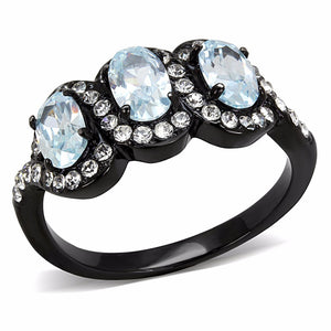 3 Sky Blue Oval CZs with Clear CZs set in Black IP Stainless Steel Band Ring - LA NY Jewelry