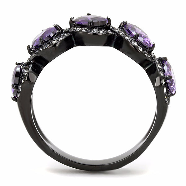 5 Purple Oval CZs with Clear CZs set in Black IP Stainless Steel Band Ring - LA NY Jewelry