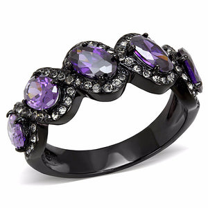 5 Purple Oval CZs with Clear CZs set in Black IP Stainless Steel Band Ring - LA NY Jewelry