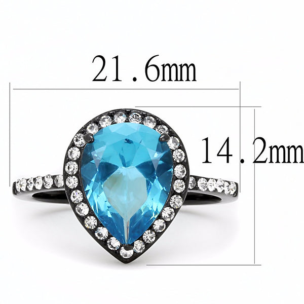 Sea Blue 11x8.5mm Pear Cut CZ Center Black IP Stainless Steel Cocktail Ring - LA NY Jewelry