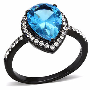 Sea Blue 11x8.5mm Pear Cut CZ Center Black IP Stainless Steel Cocktail Ring - LA NY Jewelry