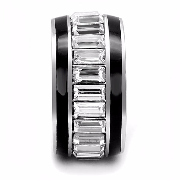 Clear Baguette Cut CZ All Around Ring in Stainless Steel Eternity Wide Band - LA NY Jewelry