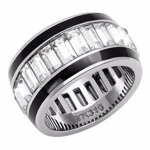 Clear Baguette Cut CZ All Around Ring in Stainless Steel Eternity Wide Band - LA NY Jewelry