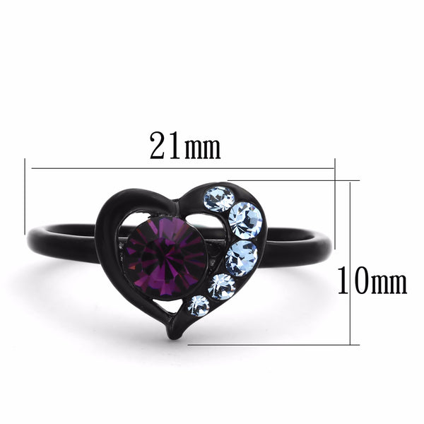 5x5mm Amethyst Round Crystal Heart Shape Black IP Stainless Steel Promise Ring - LA NY Jewelry