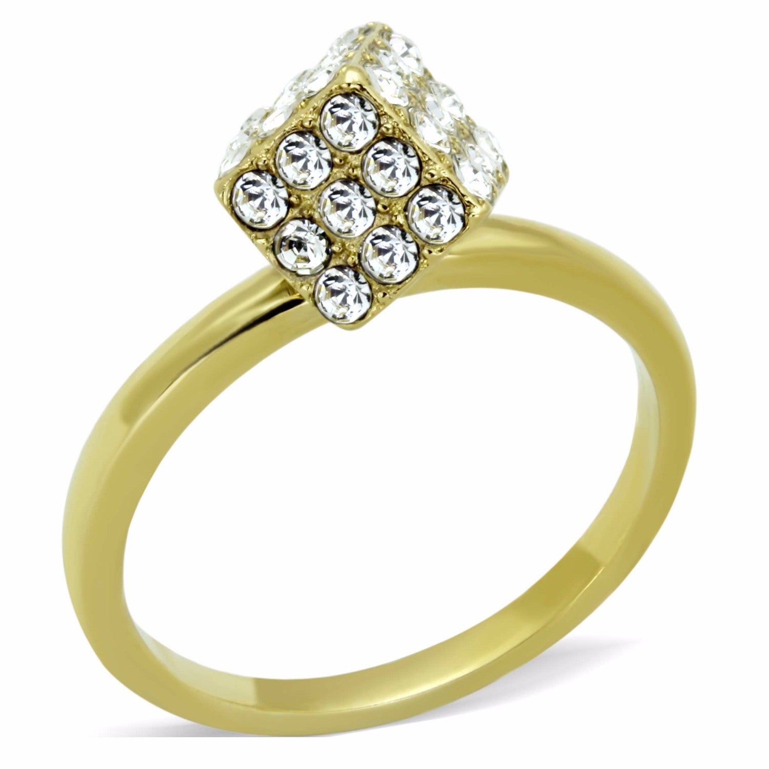 Women's Clear Round Crystal Dice Shape Gold IP Stainless Steel Ring - LA NY Jewelry