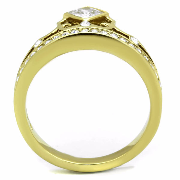 Women's Clear Princess CZ Crown Shape Gold IP Stainless Steel Ring - LA NY Jewelry