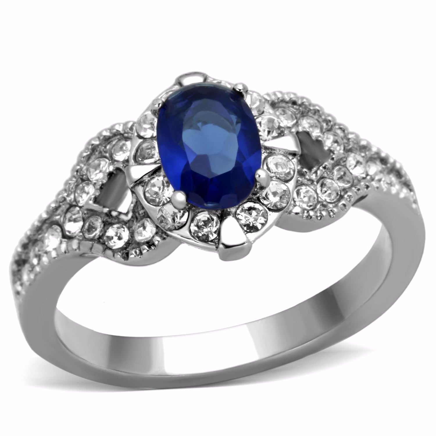 Women's 7x5mm Montana Blue Oval Cut CZ Center Stainless Steel Cocktail Ring - LA NY Jewelry