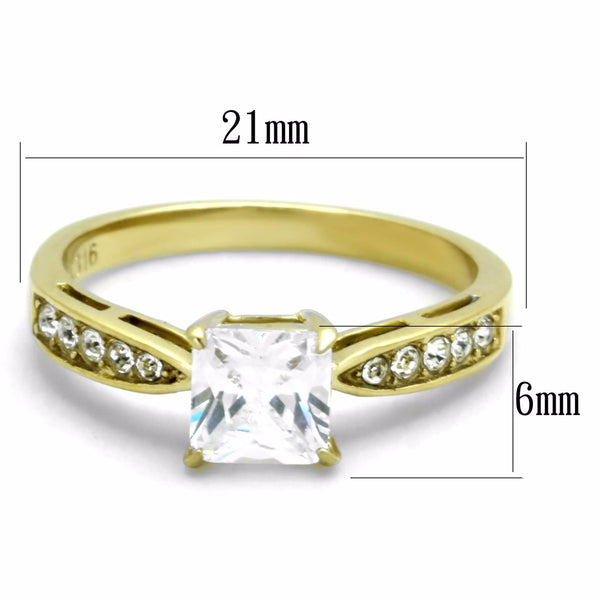 Women's 6x6mm Clear Princess Cut CZ Center Gold IP Stainless Steel Wedding Ring - LA NY Jewelry