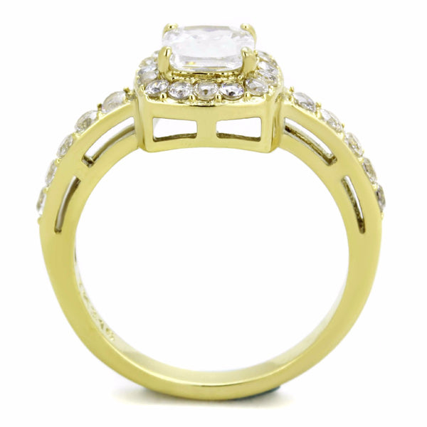 Women's 6x6mm Clear Cushion Cut CZ Center Gold IP Stainless Steel Cocktail Ring - LA NY Jewelry