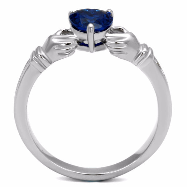 Women's 6x6mm Heart Cut London Blue CZ Stainless Steel Claddagh Ring - LA NY Jewelry